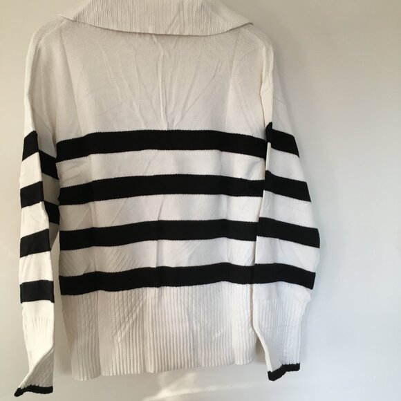 ZESICA Women's Winter Sweaters Lapel V Neck Long Sleeve White /black Striped M - Picture 6 of 6